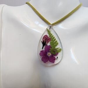 BrazenSoul Pressed Flower Resin Necklace with Green Cord